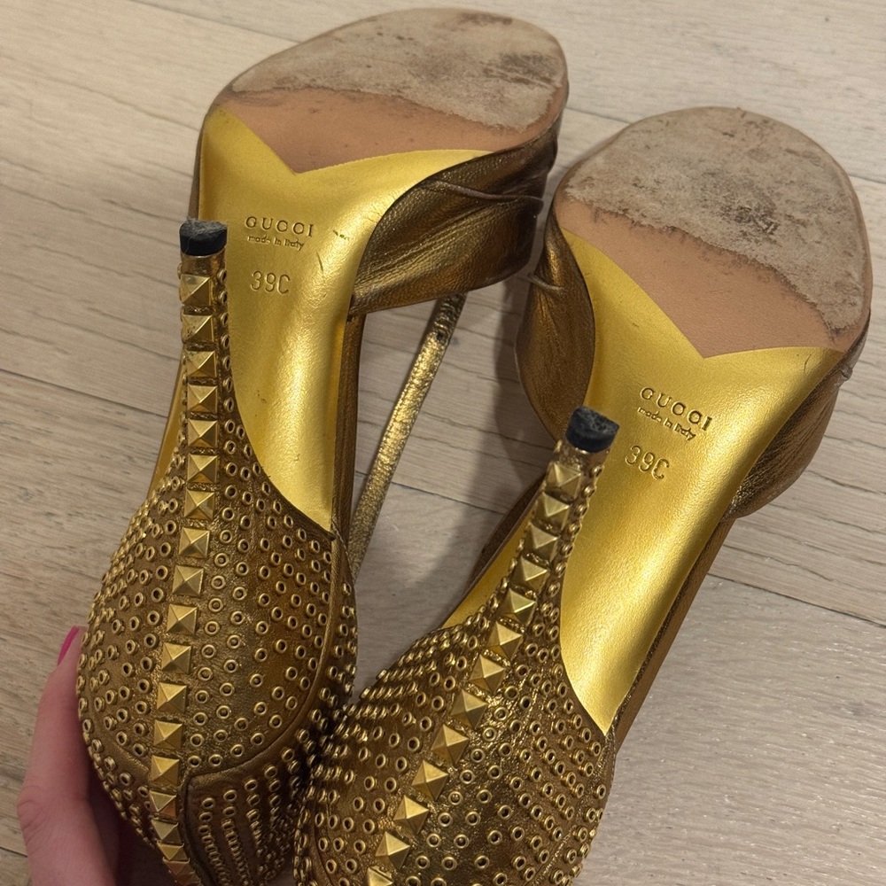Gucci Burnished Gold Metallic Leather Studded Peep Toe Heels - Picture 5 of 10